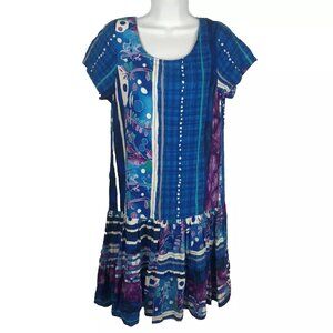 Hilo Hattie Hawaiian Shift Dress Blue Abstract Floral Drop Waist Crinkle Rayon